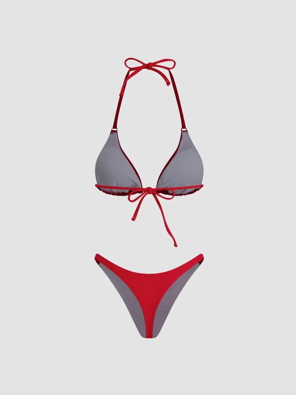 Ensemble bikini triangle col montant uni avec détail anneau