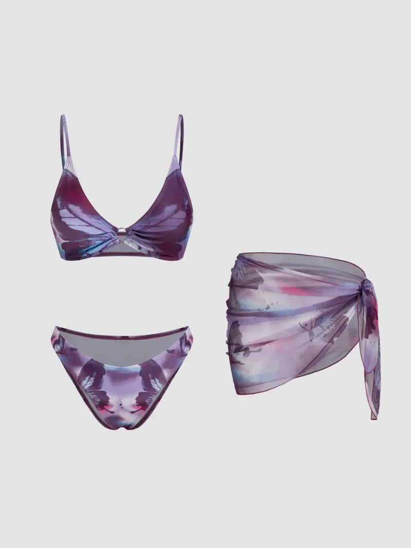 Ensemble bikini papillon avec col V anneau décoratif et sarong assorti