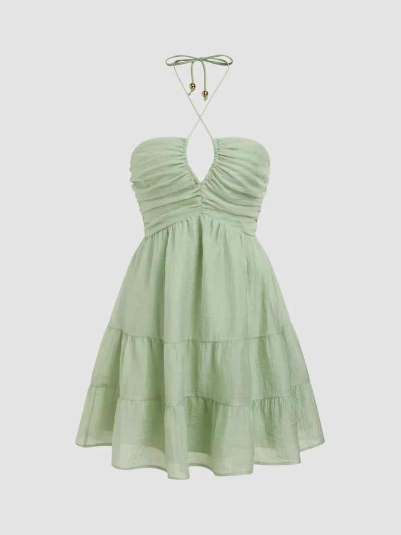 Robe Courte Dos Nu Découpée à Col V et Plissée