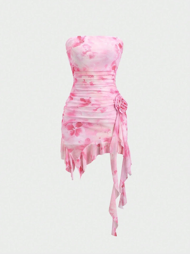 Robe courte rose asymétrique fleuri