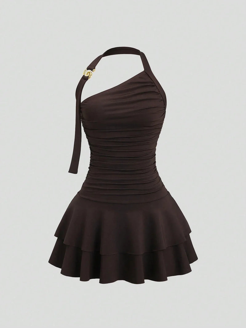 Robe mini évasée marron à encolure licou