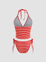Ensemble tankini rayé femme à col V noué avec bretelles réglables