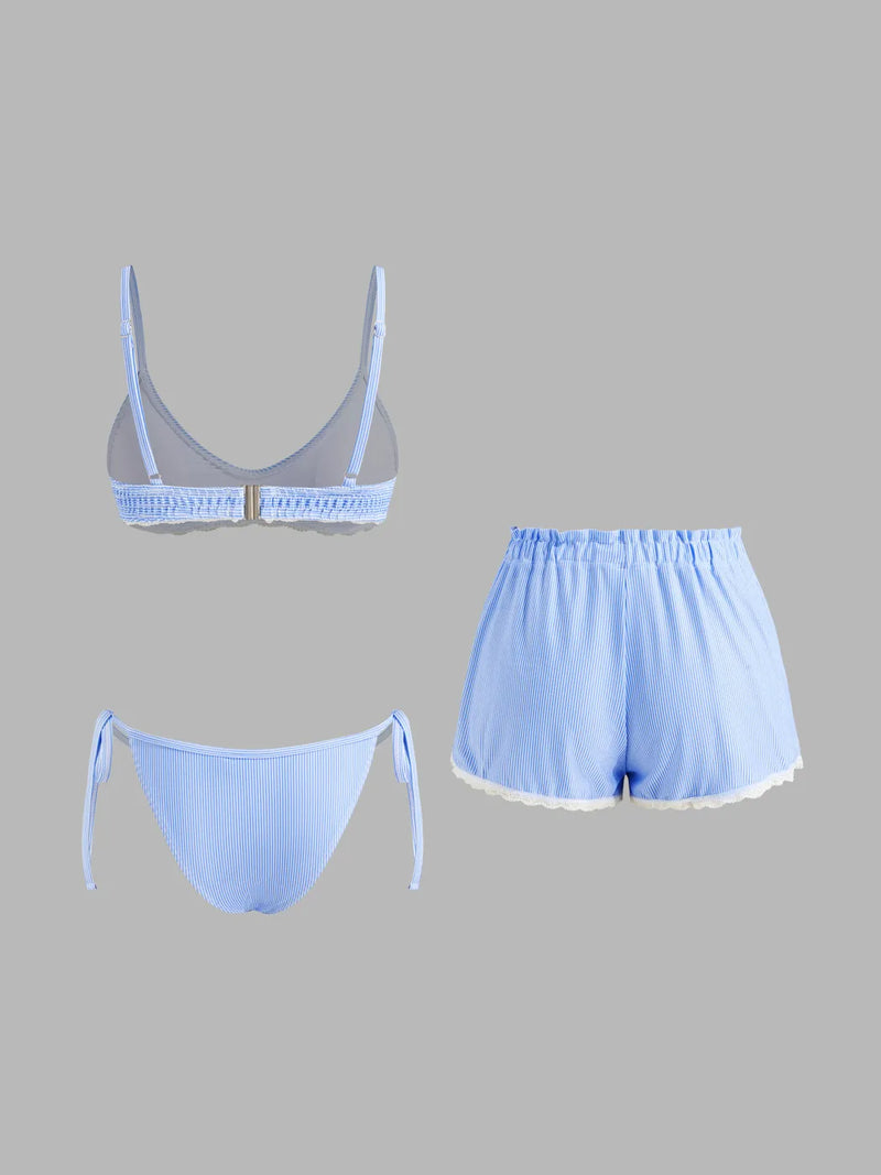 Ensemble bikini dentelle rayée à col V avec short de plage et bretelles réglables