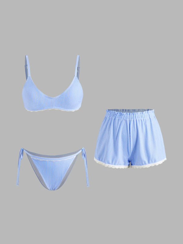 Ensemble bikini dentelle rayée à col V avec short de plage et bretelles réglables
