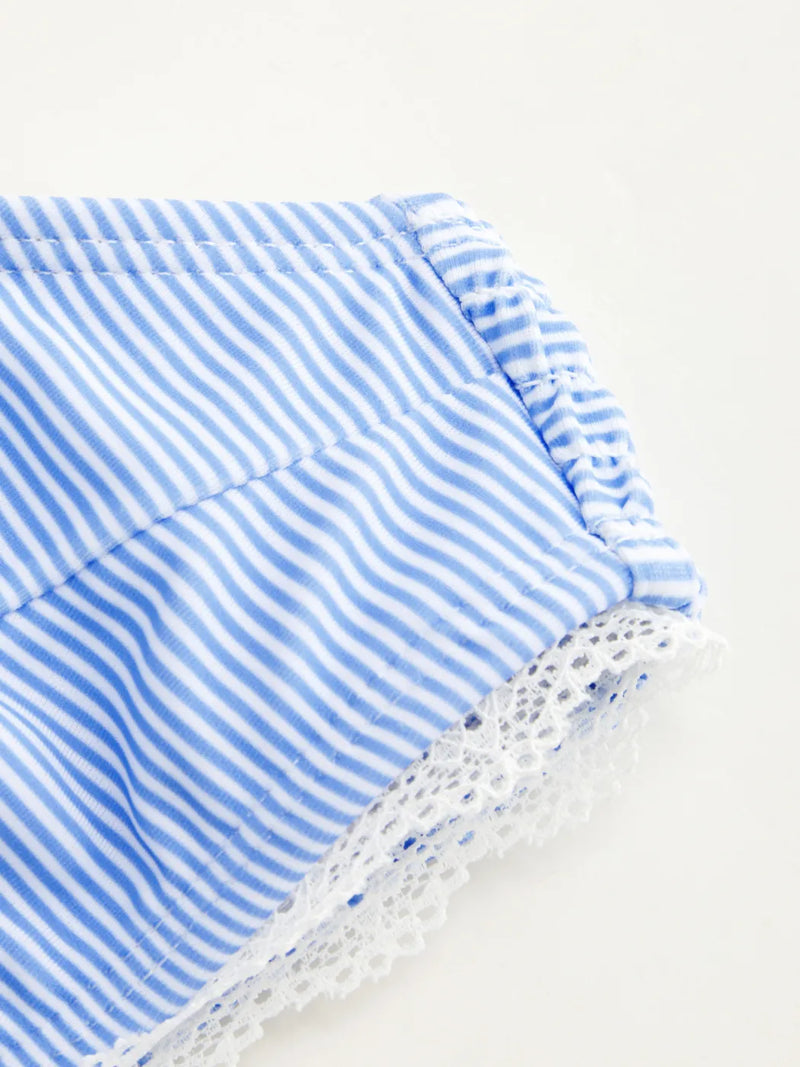 Ensemble bikini dentelle rayée à col V avec short de plage et bretelles réglables