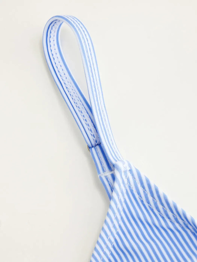 Ensemble bikini dentelle rayée à col V avec short de plage et bretelles réglables