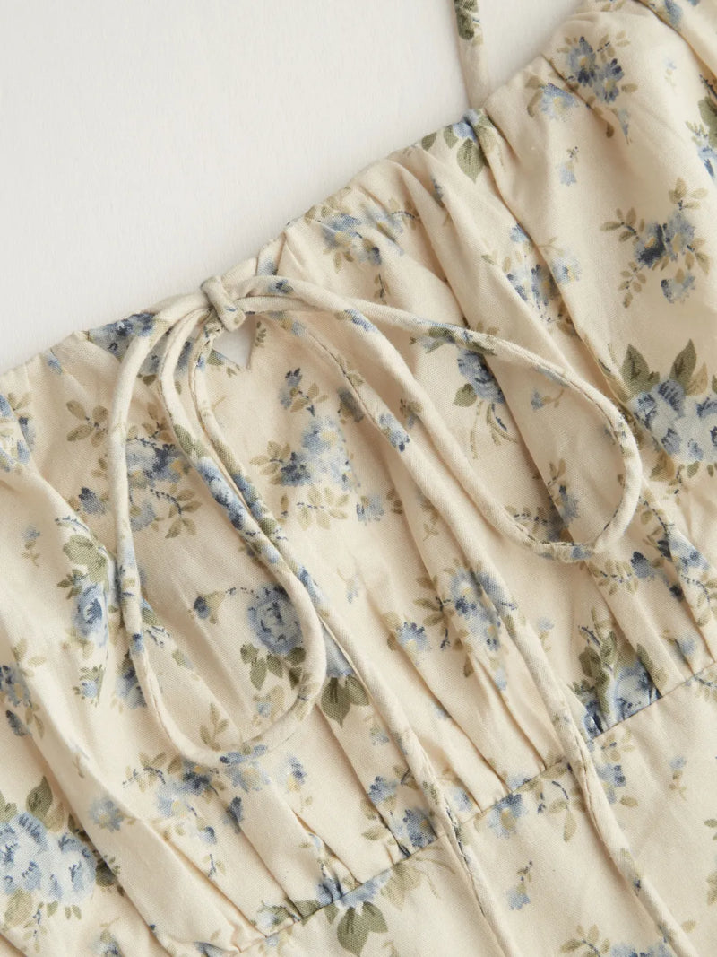 Robe Midi en Coton Fleurie à Col U Froncée et Nouée