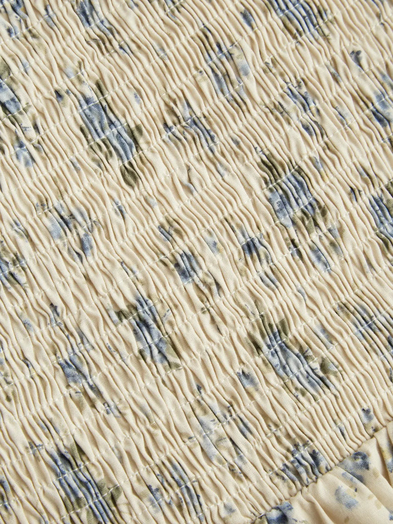 Robe Midi en Coton Fleurie à Col U Froncée et Nouée