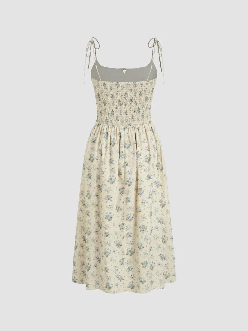 Robe Midi en Coton Fleurie à Col U Froncée et Nouée