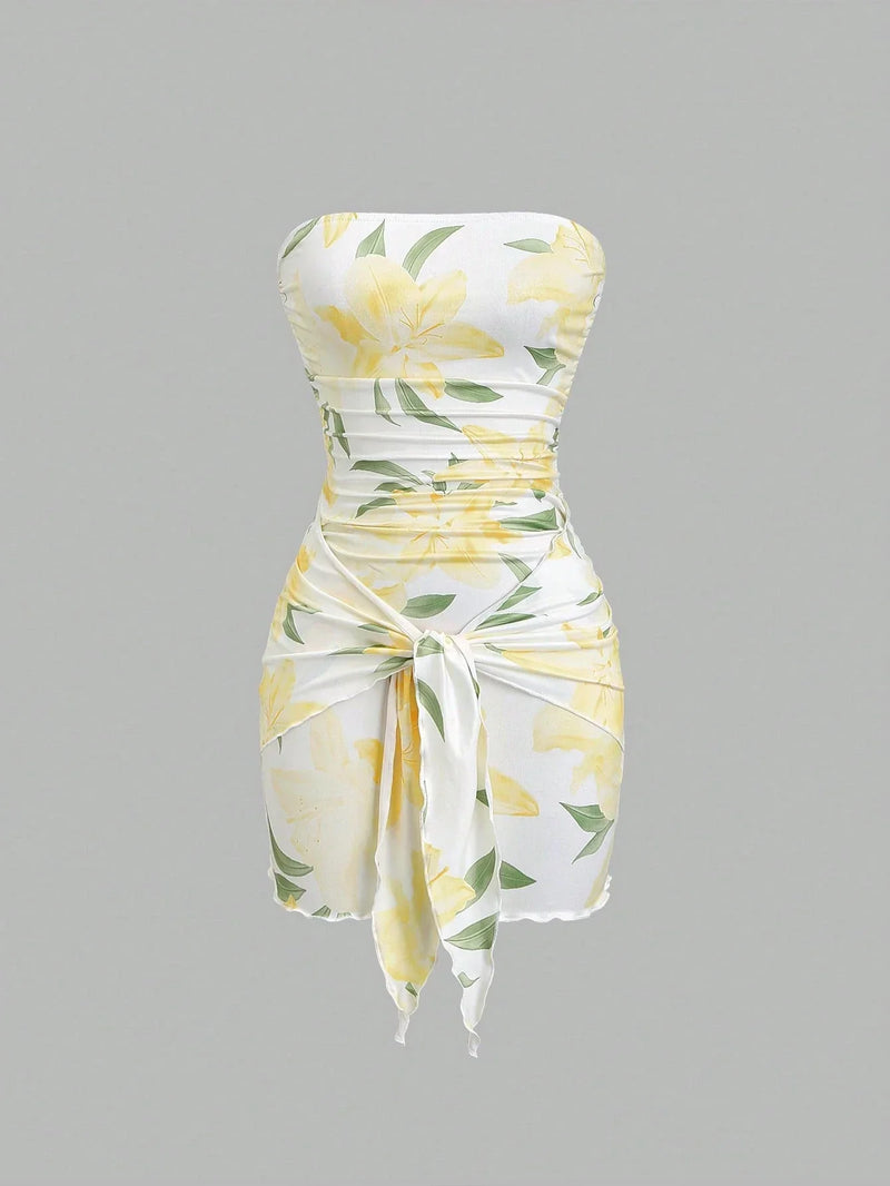 Robe fourreau avec Top court en maille à imprimé floral et nœud