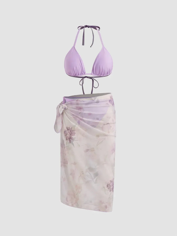 Ensemble bikini floral col V noué avec sarong assorti