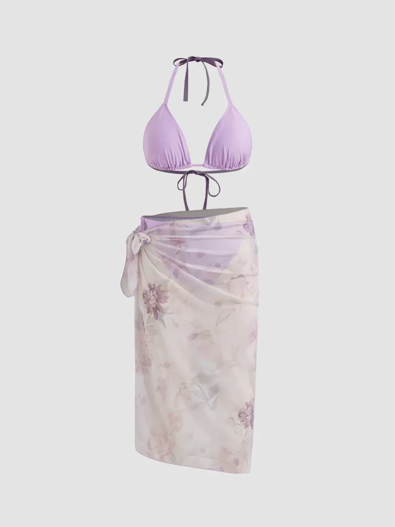 Ensemble bikini floral col V noué avec sarong assorti