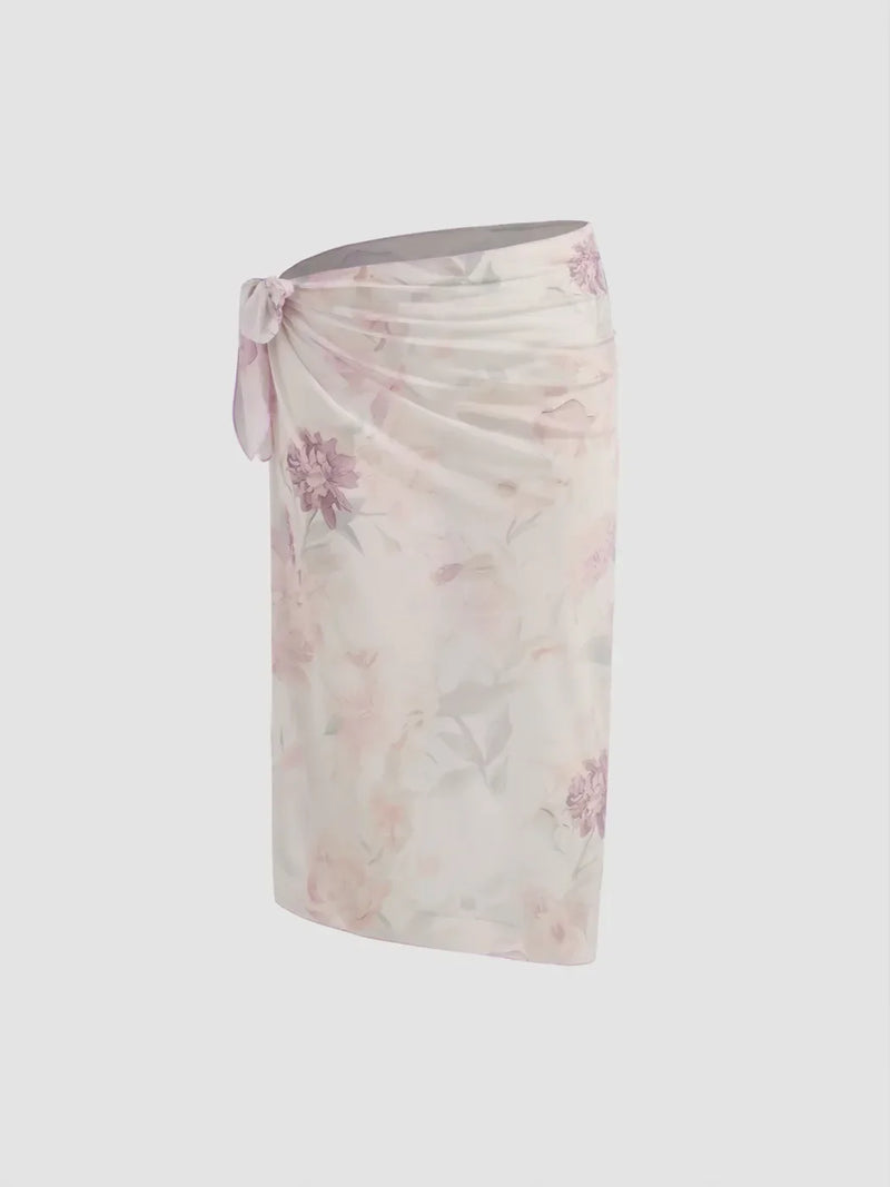 Ensemble bikini floral col V noué avec sarong assorti