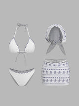 Ensemble bikini triangle col halter à bordures contrastées en dentelle florale