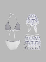 Ensemble bikini triangle col halter à bordures contrastées en dentelle florale