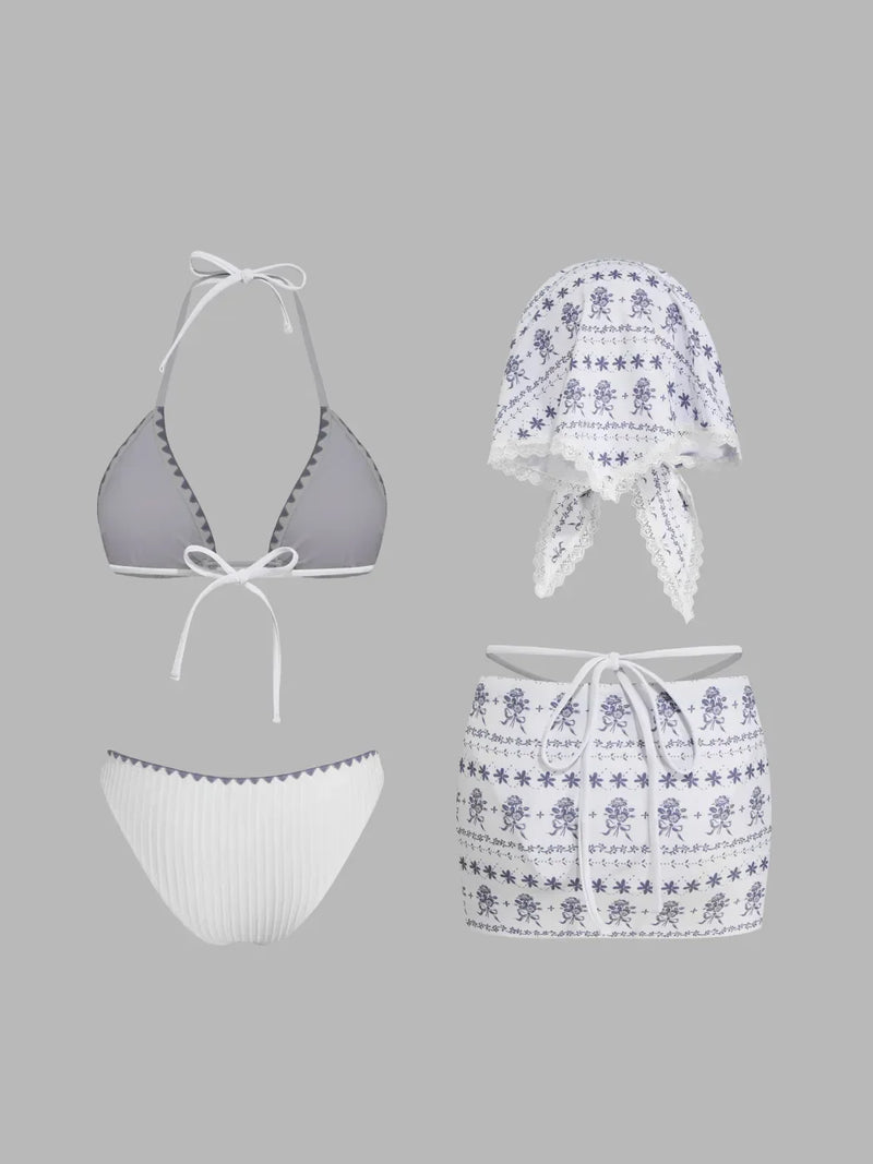 Ensemble bikini triangle col halter à bordures contrastées en dentelle florale