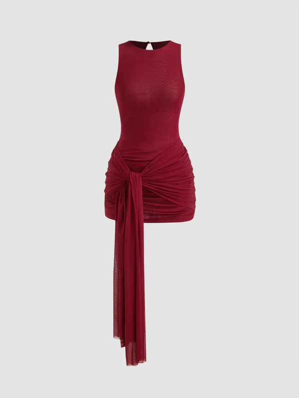 Robe Mini en Maille Drapée à Col Rond Nouée et Plissée