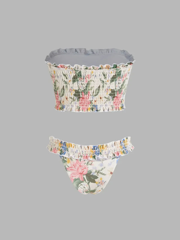 Ensemble bikini floral sans bretelles avec bords froncés style laitue