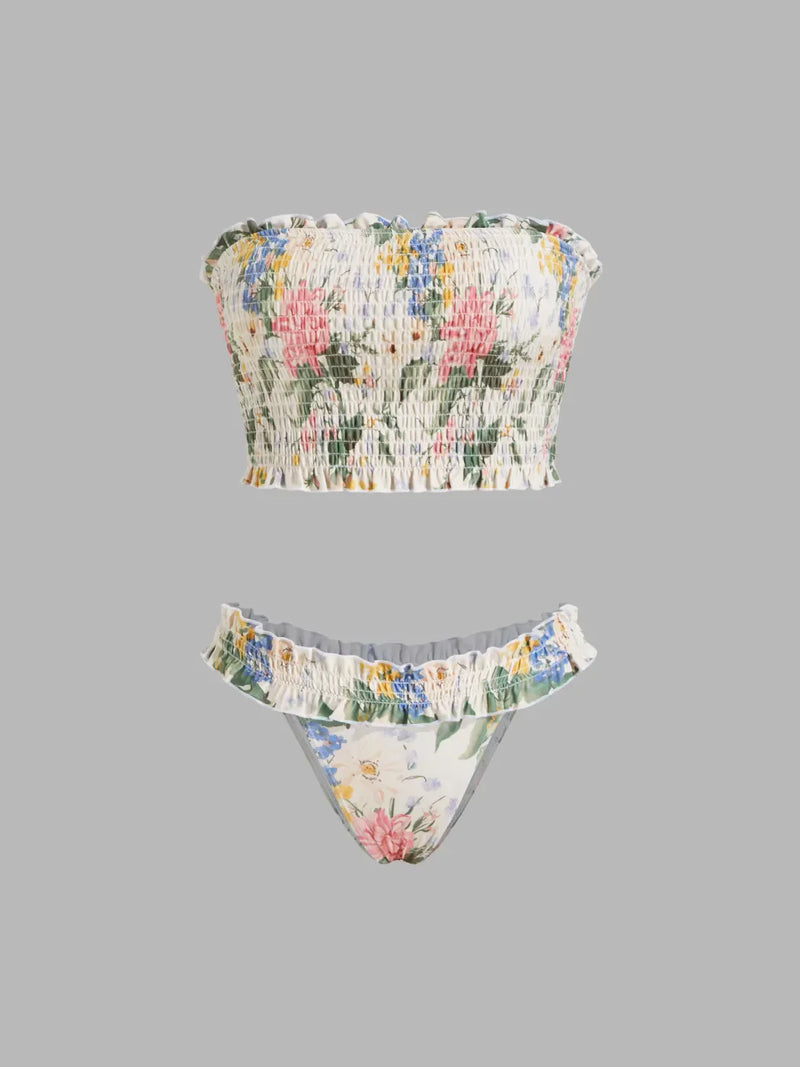 Ensemble bikini floral sans bretelles avec bords froncés style laitue