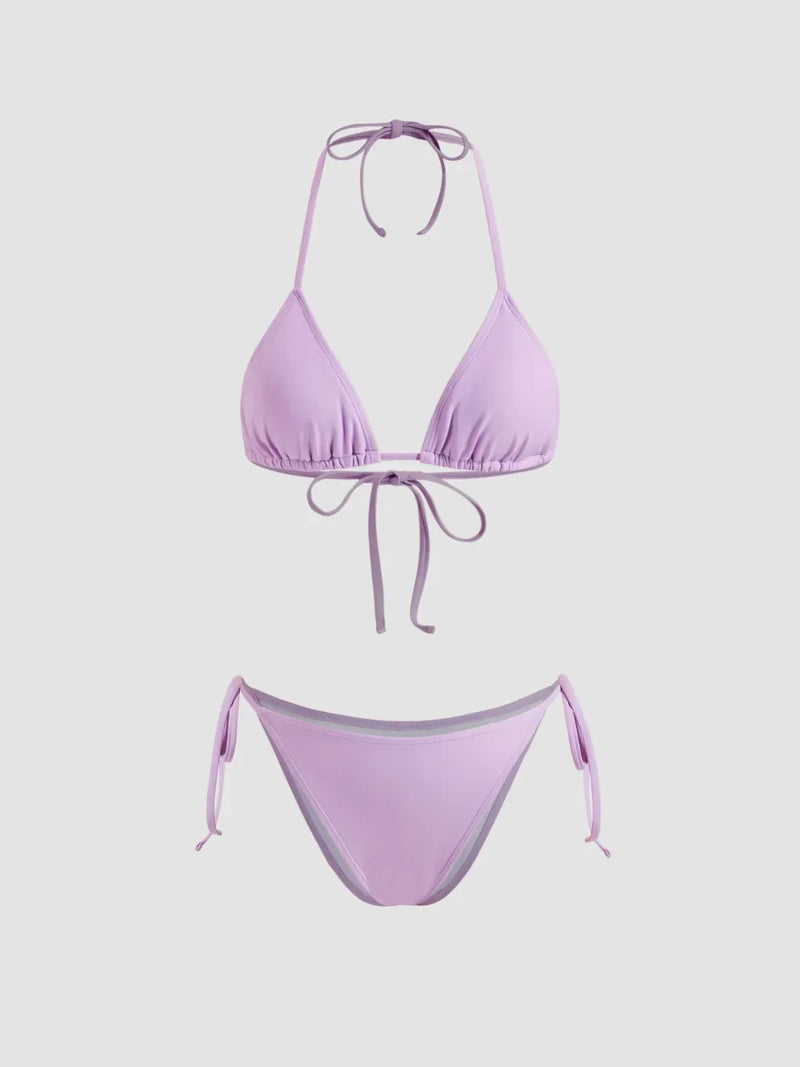 Ensemble bikini triangle noué col halter avec sarong floral assorti