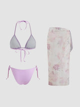 Ensemble bikini triangle noué col halter avec sarong floral assorti