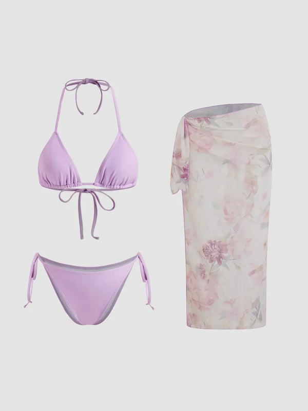 Ensemble bikini triangle noué col halter avec sarong floral assorti