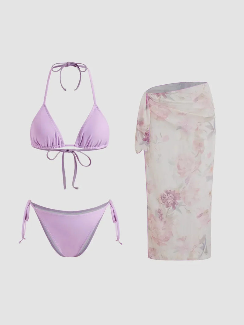 Ensemble bikini triangle noué col halter avec sarong floral assorti