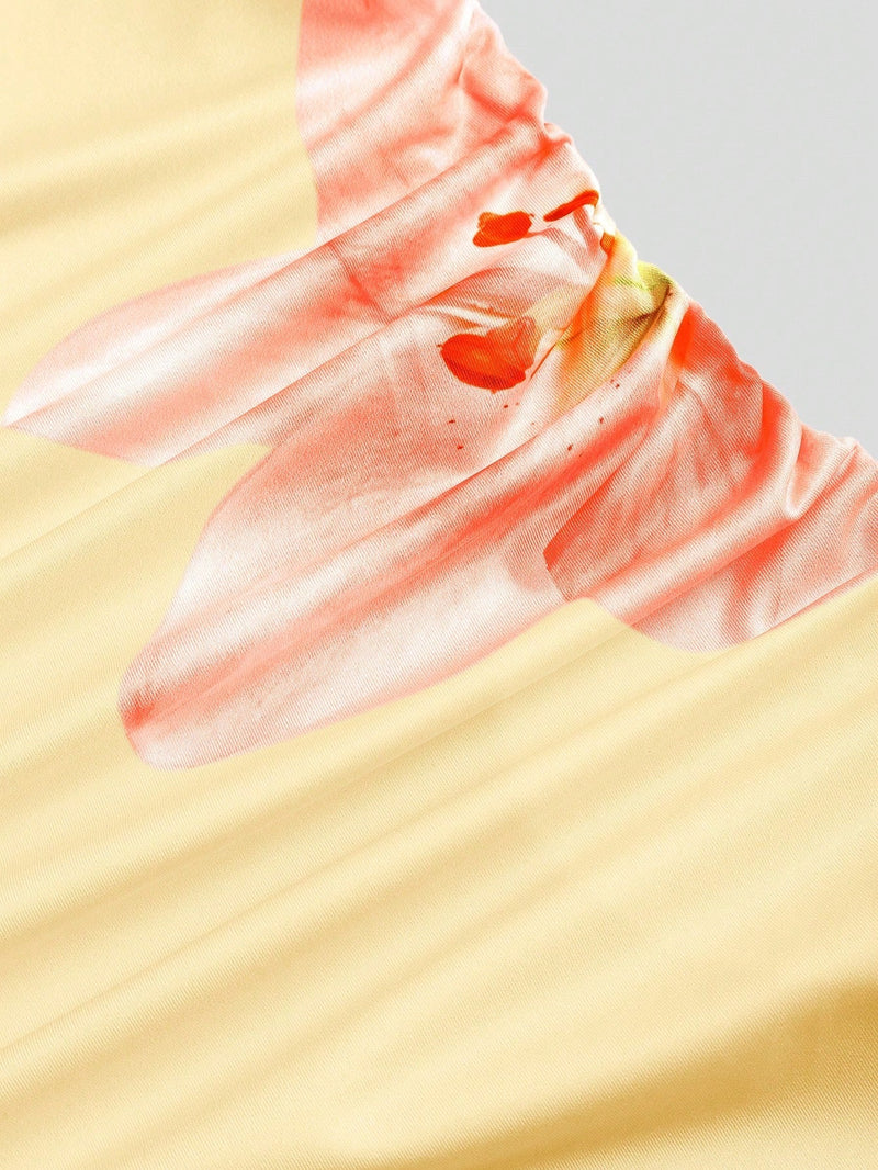 Robe longue moulante à col asymétrique imprimé lys