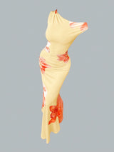 Robe longue moulante à col asymétrique imprimé lys