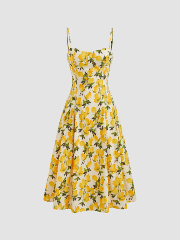 Robe Midi Cami en Coton Plissée Imprimé Citron à Lacets