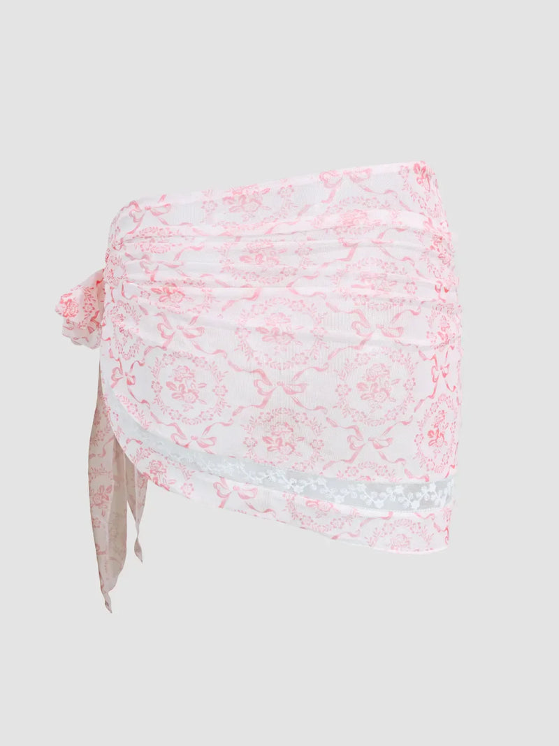 Ensemble bikini col V à nouer avec fleurs et sarong en dentelle assorti