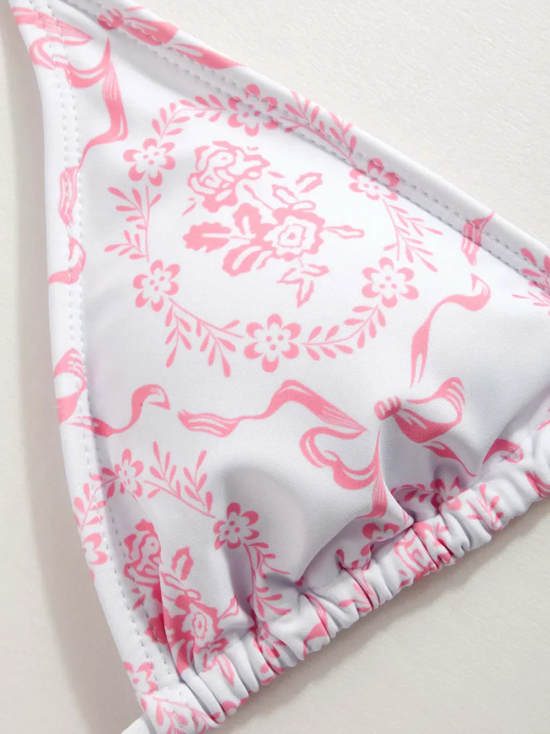 Ensemble bikini col V à nouer avec fleurs et sarong en dentelle assorti