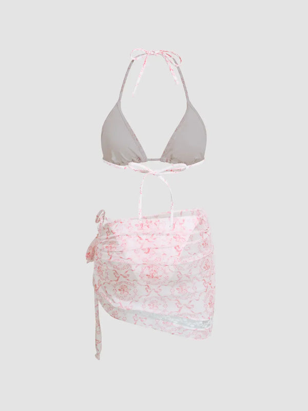 Ensemble bikini col V à nouer avec fleurs et sarong en dentelle assorti