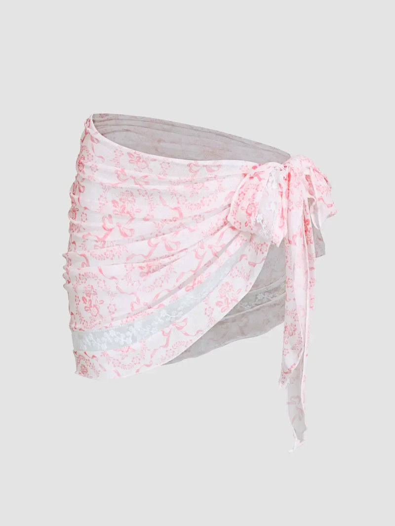 Ensemble bikini col V à nouer avec fleurs et sarong en dentelle assorti