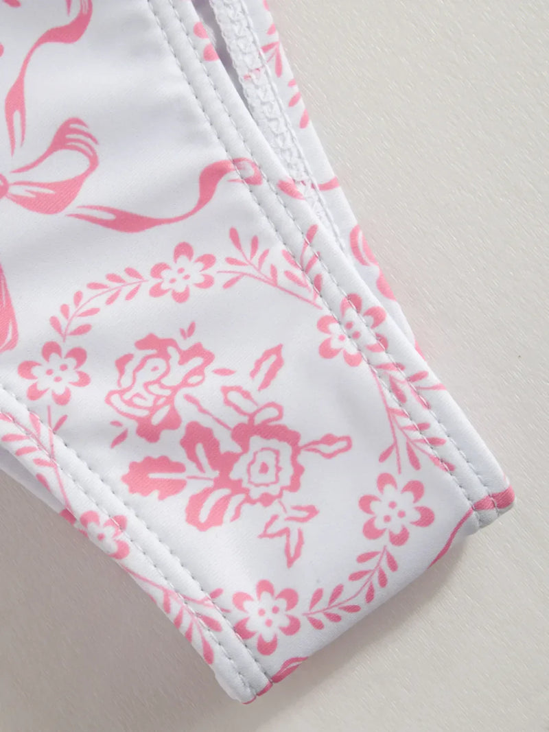 Ensemble bikini col V à nouer avec fleurs et sarong en dentelle assorti