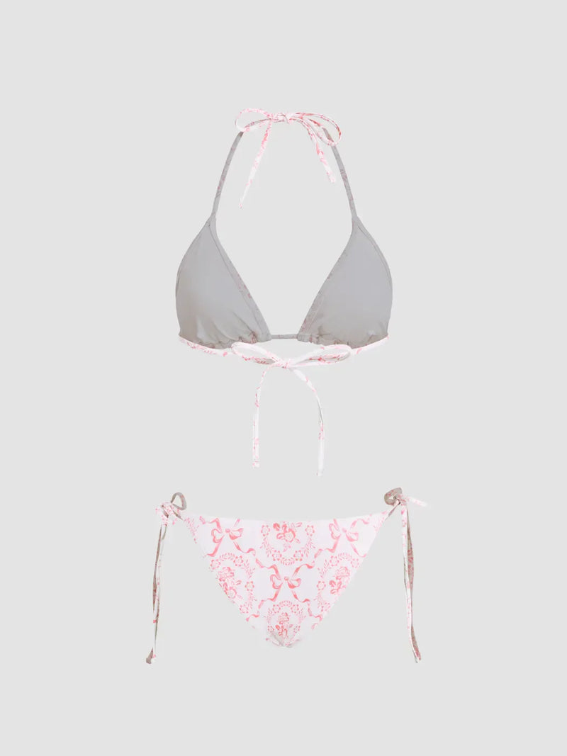 Ensemble bikini col V à nouer avec fleurs et sarong en dentelle assorti