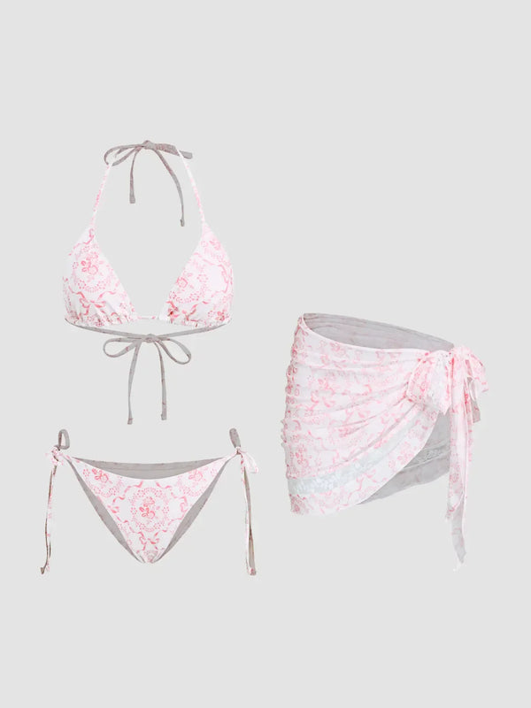Ensemble bikini col V à nouer avec fleurs et sarong en dentelle assorti