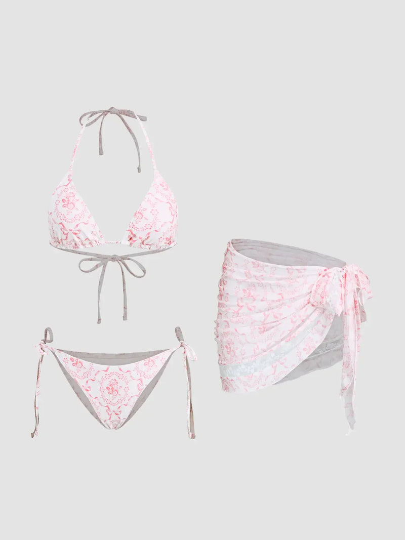 Ensemble bikini col V à nouer avec fleurs et sarong en dentelle assorti