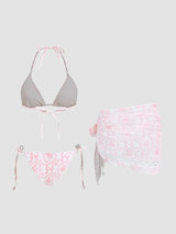 Ensemble bikini col V à nouer avec fleurs et sarong en dentelle assorti