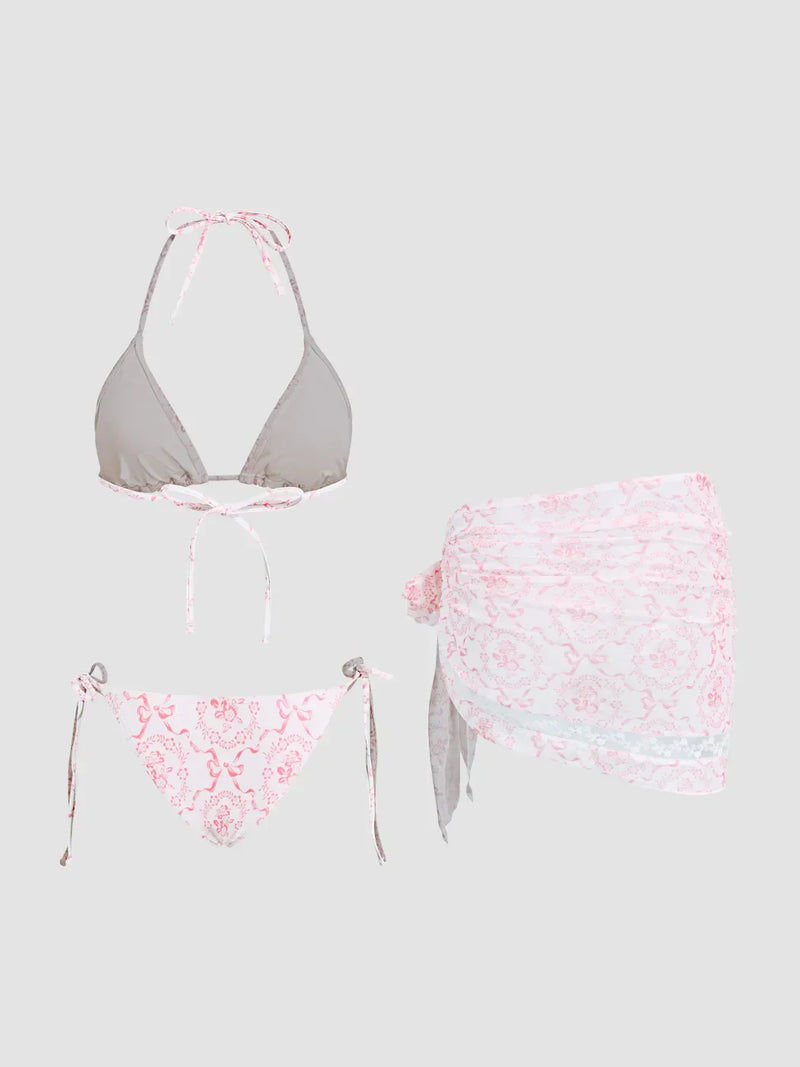Ensemble bikini col V à nouer avec fleurs et sarong en dentelle assorti