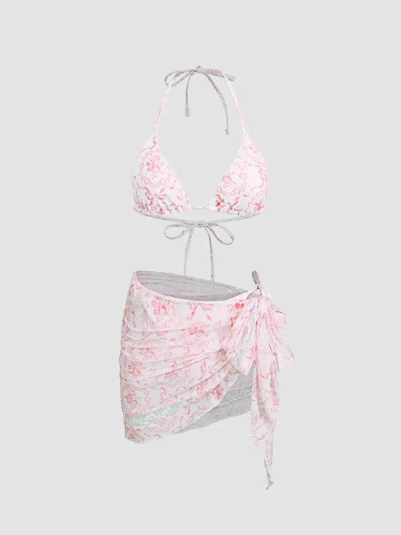 Ensemble bikini col V à nouer avec fleurs et sarong en dentelle assorti