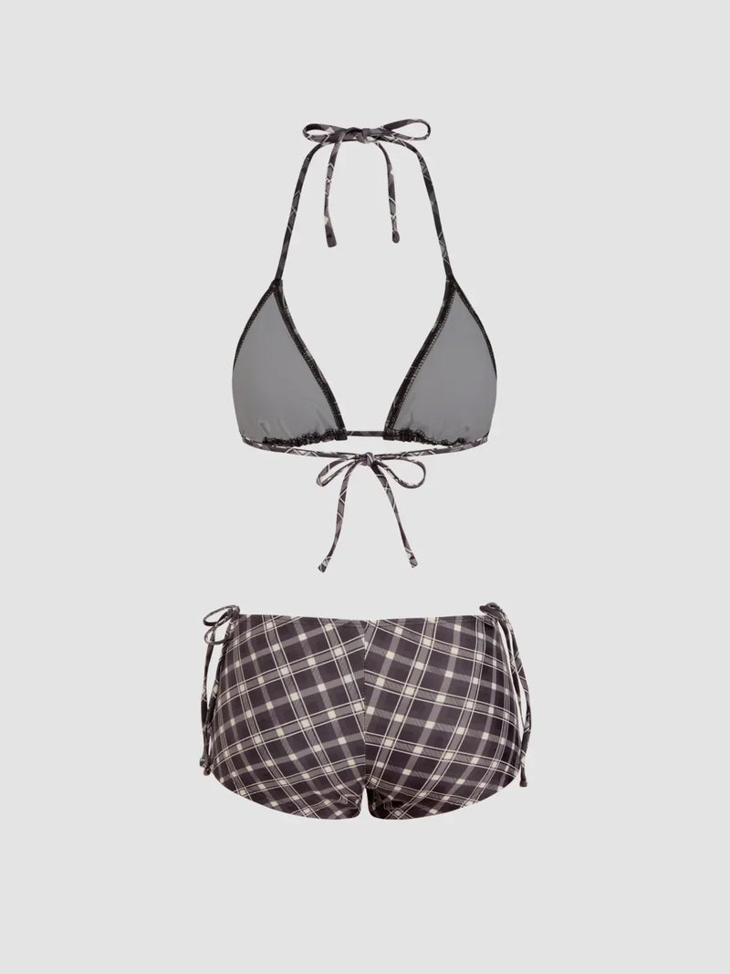 Ensemble bikini triangle à col halter vichy avec short et écharpe