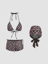 Ensemble bikini triangle à col halter vichy avec short et écharpe