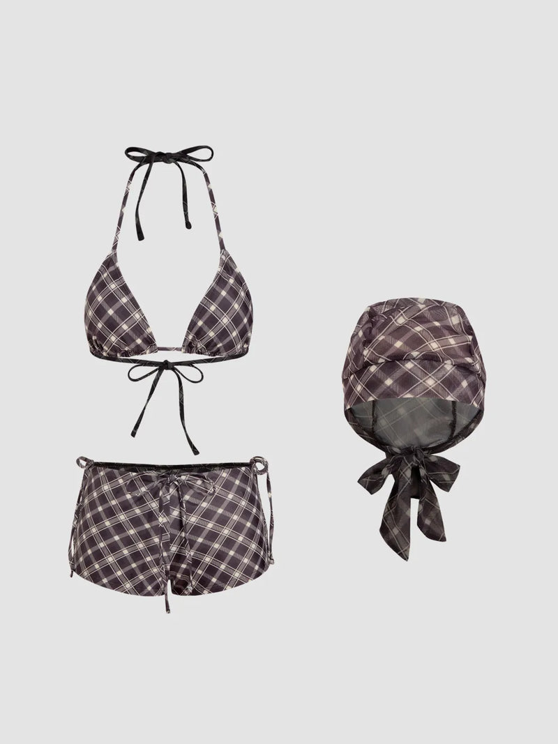 Ensemble bikini triangle à col halter vichy avec short et écharpe