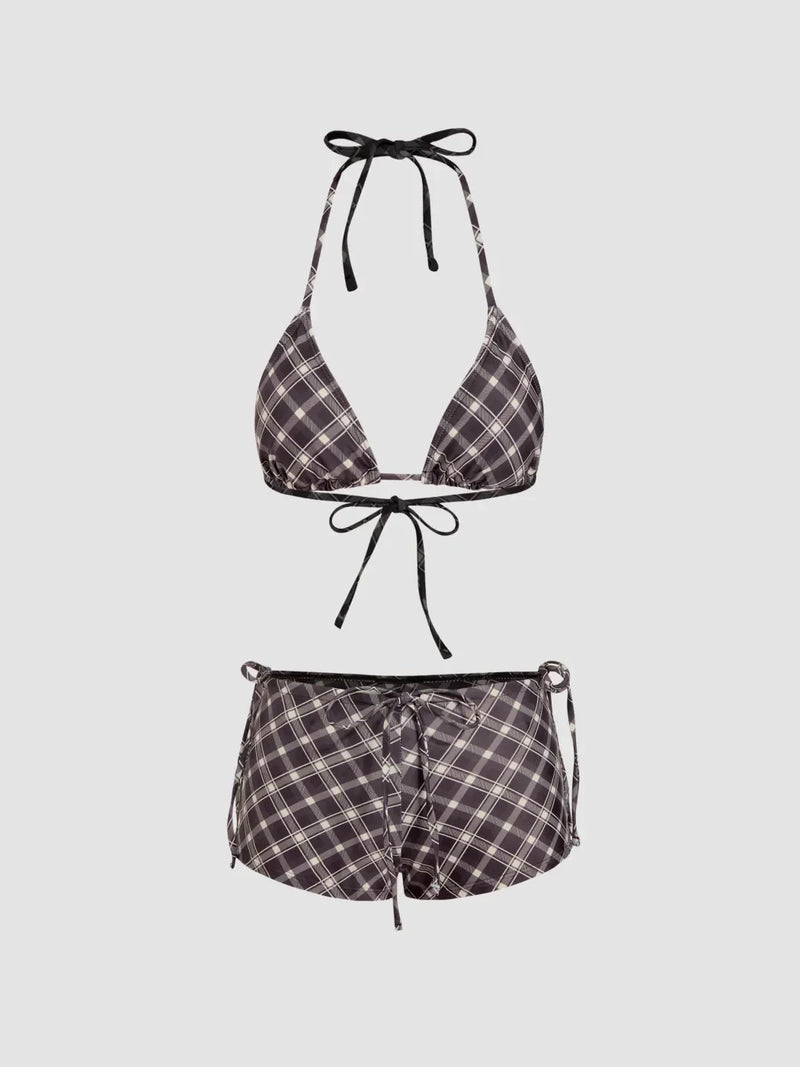 Ensemble bikini triangle à col halter vichy avec short et écharpe