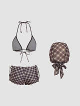 Ensemble bikini triangle à col halter vichy avec short et écharpe