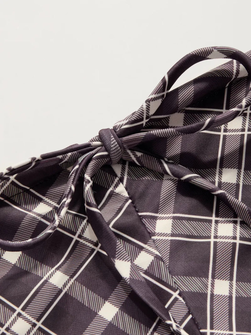 Ensemble bikini triangle à col halter vichy avec short et écharpe