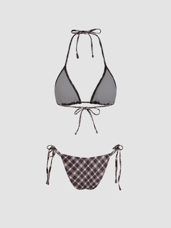 Ensemble bikini triangle à col halter vichy avec short et écharpe