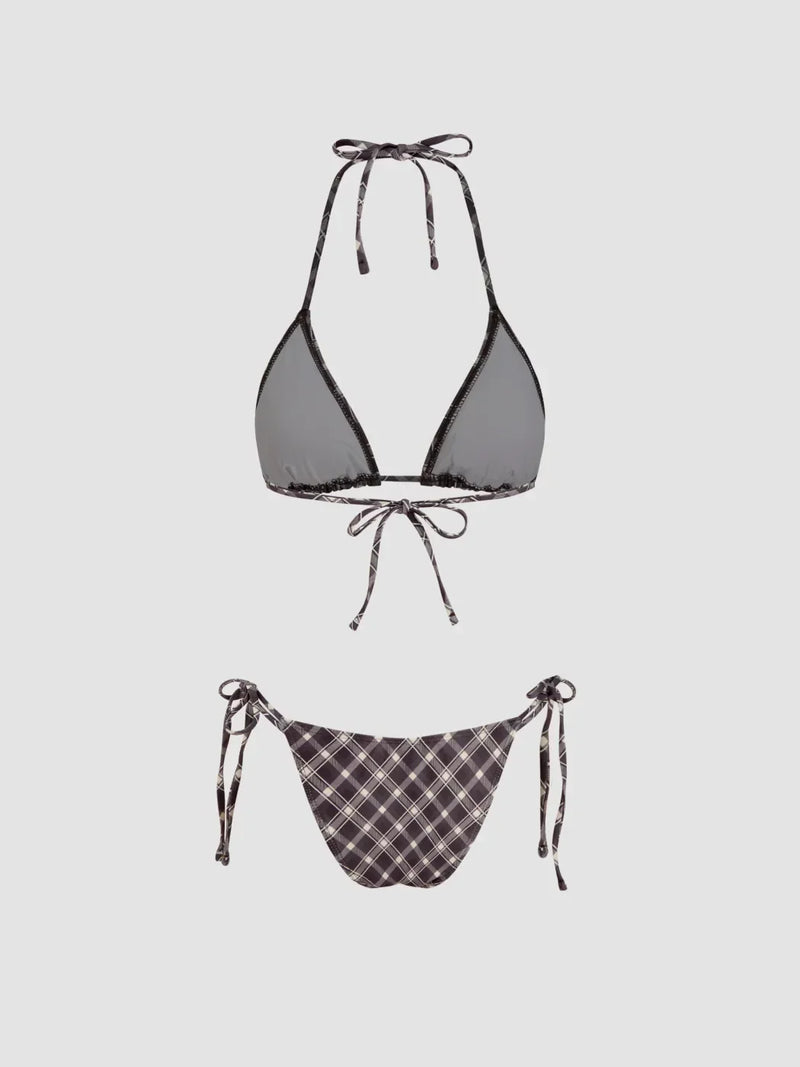 Ensemble bikini triangle à col halter vichy avec short et écharpe