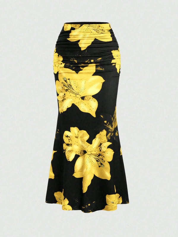 Jupe plissée longue à imprimé floral coupe évasée